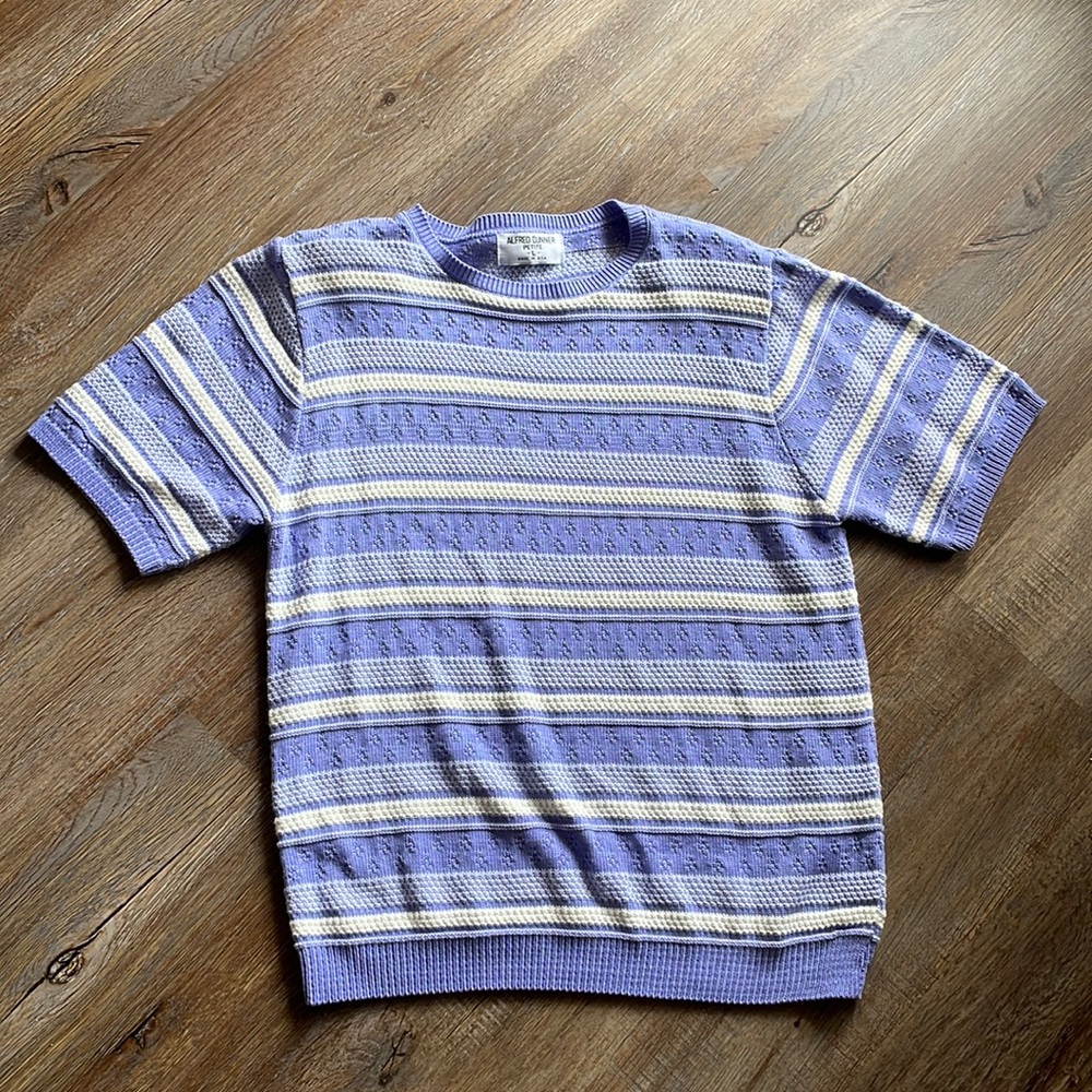 👚 Vintage Alfred Dunner Petite L Purple Striped Knit Sweater Top Made USA